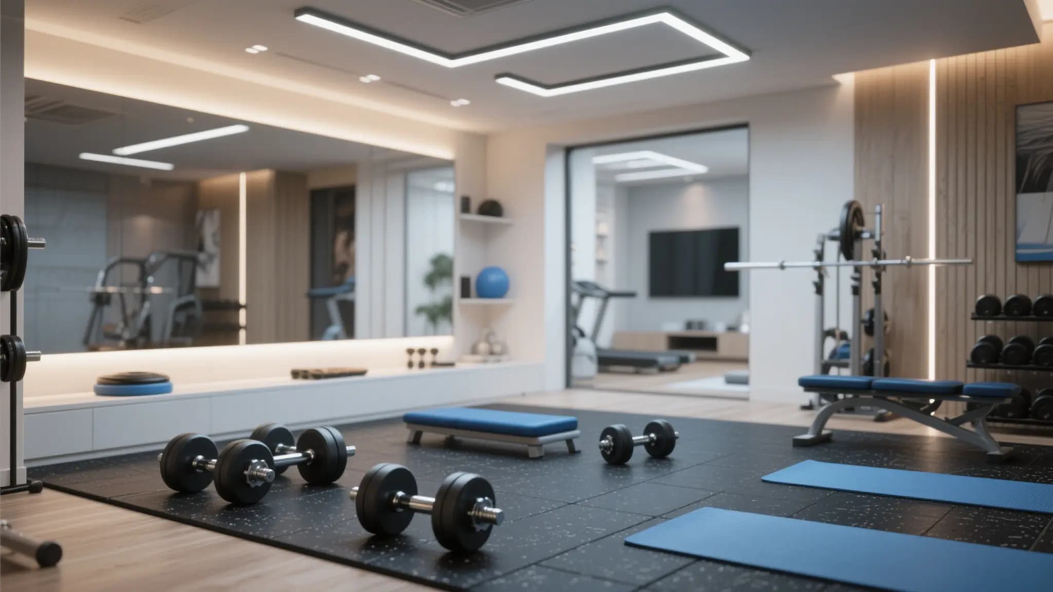 Rubber flooring installed in a home gym with heavy weights and dumbbells