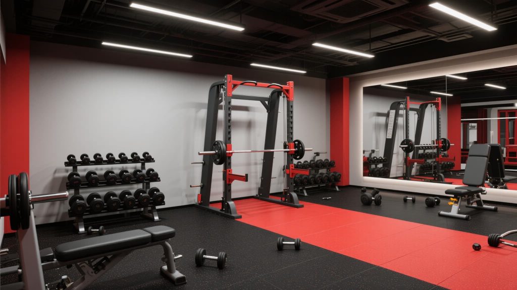 Commercial space with rubber flooring in use, including gym and office areas