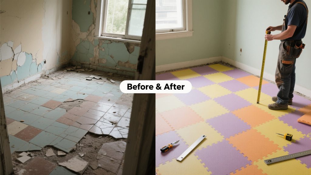 Replacing a single foam tile from a self-adhesive flooring installation