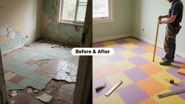 Replacing a single foam tile from a self-adhesive flooring installation