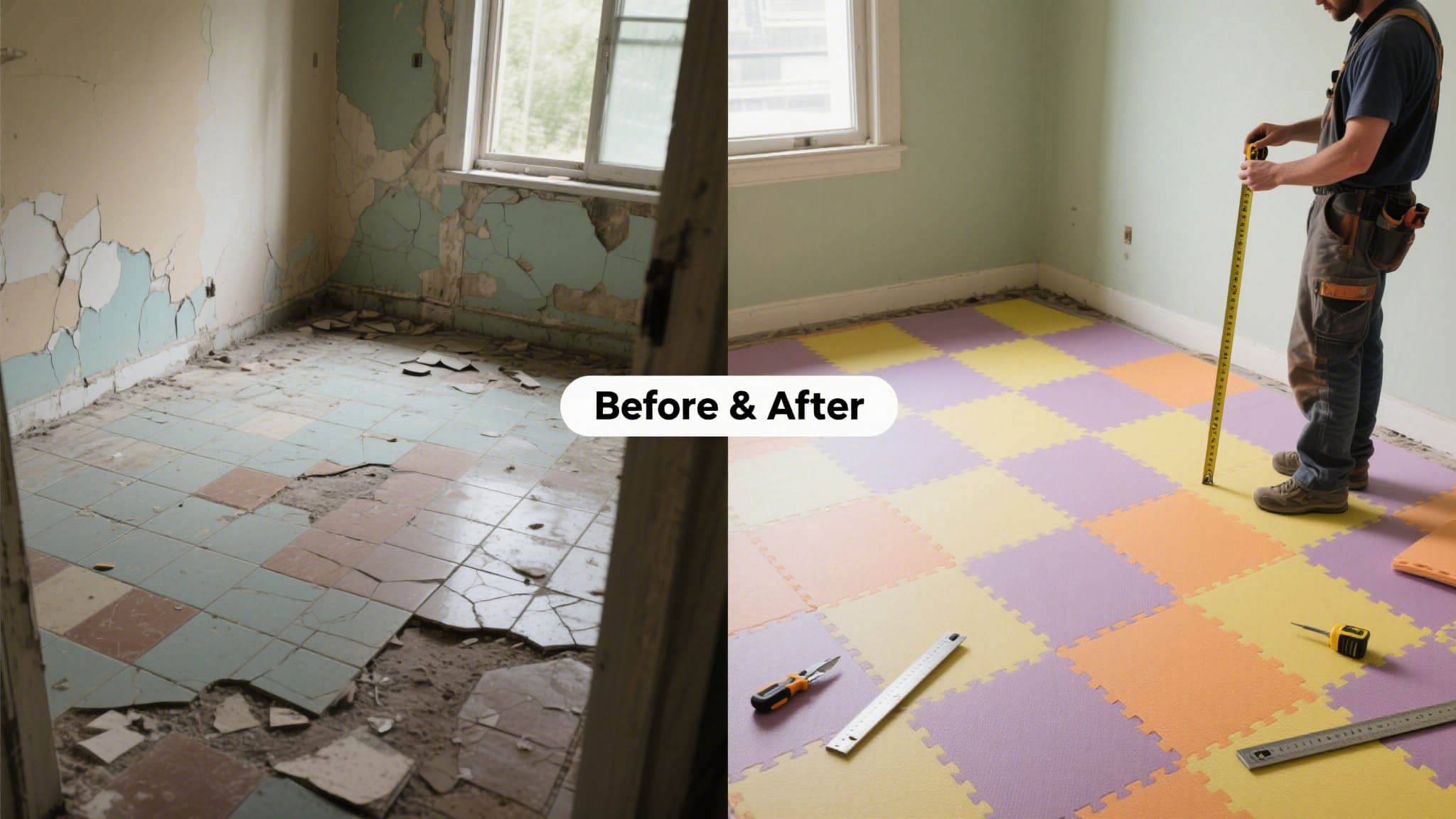 Replacing a single foam tile from a self-adhesive flooring installation