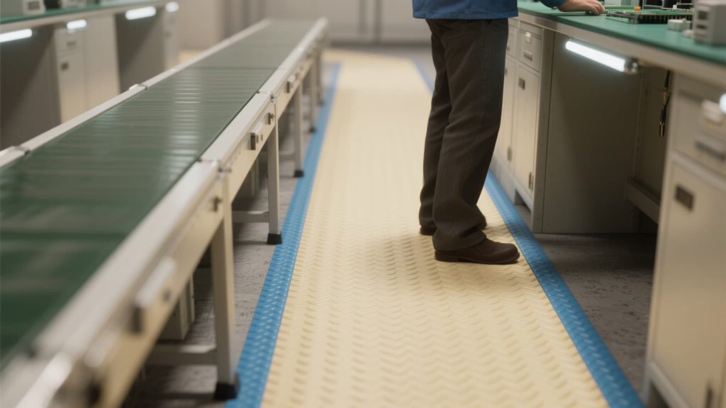 Ergonomic rubber flooring at an industrial workstation to reduce fatigue