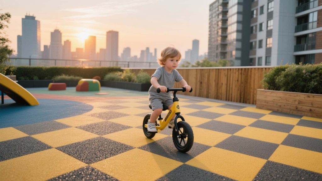 Colorful rubber tiles used in a balcony mini play area for toddlers