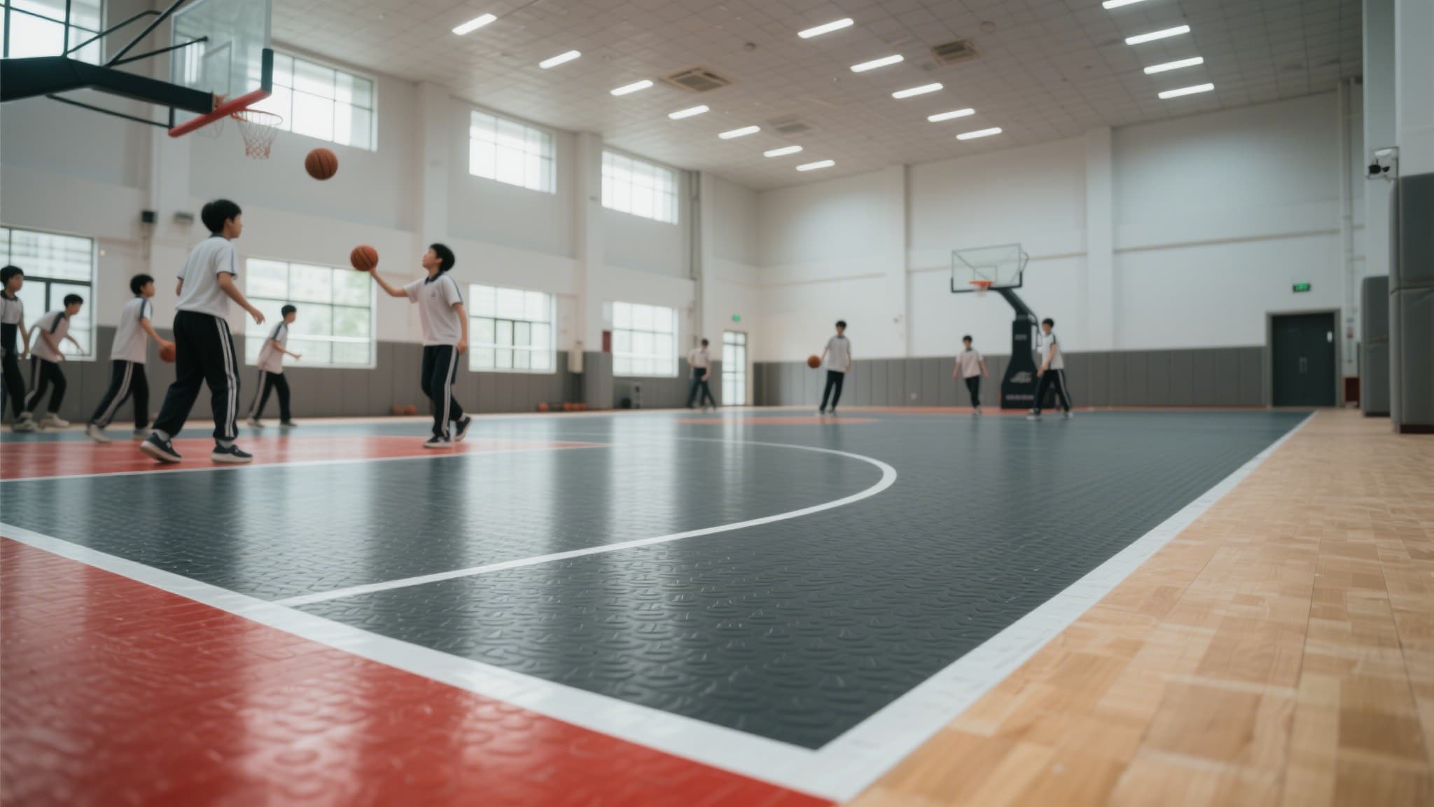 Shock-absorbing rubber flooring installed in a school gymnasium
