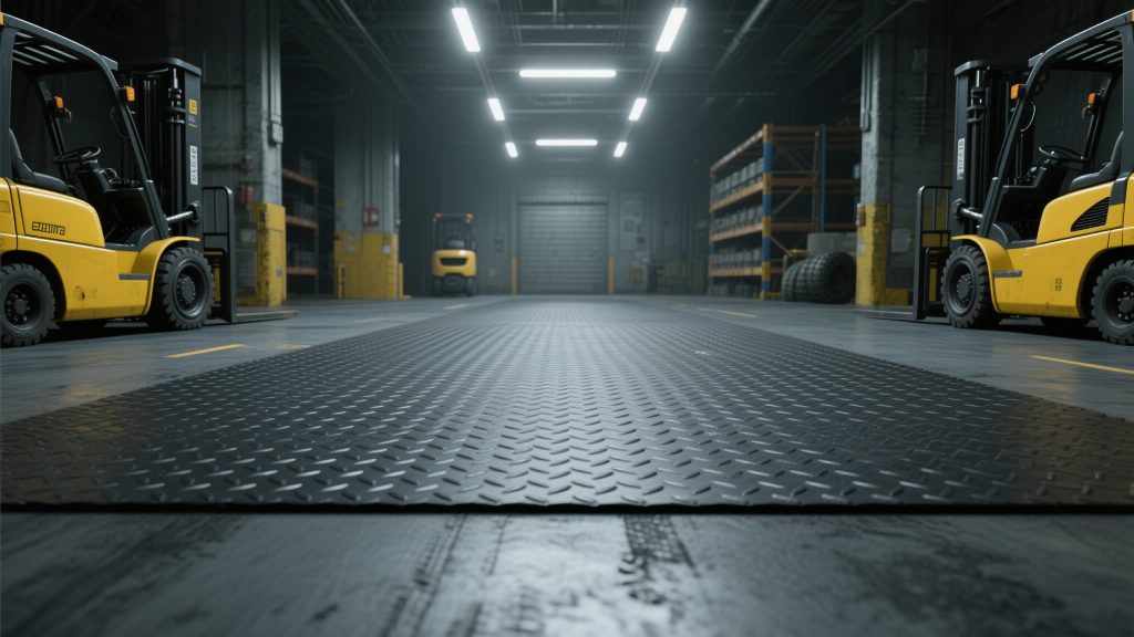 Heavy-duty rubber mats beneath industrial machinery for shock and vibration control