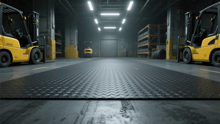 Heavy-duty rubber mats beneath industrial machinery for shock and vibration control
