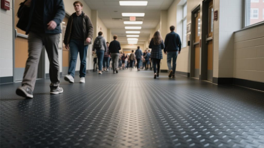 Seamless rubber flooring in a busy school hallway