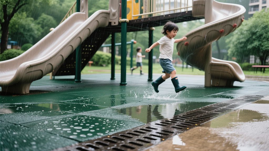 Textured rubber tiles used in an outdoor playground for fall protection