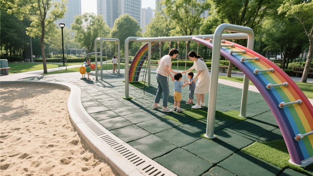 Rubber safety flooring installed in a public park children’s playground