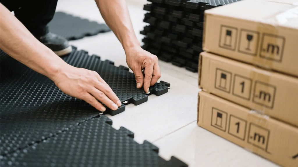 Worker installing rubber flooring roll using adhesive